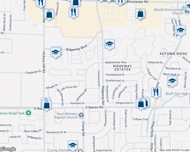 map of restaurants, bars, coffee shops, grocery stores, and more near 3985 Lacewood Drive in Memphis