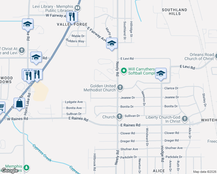 map of restaurants, bars, coffee shops, grocery stores, and more near 211 North Wesley Forest Circle in Memphis