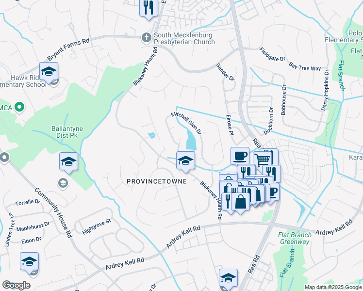 map of restaurants, bars, coffee shops, grocery stores, and more near 11714 Borchetta Drive in Charlotte