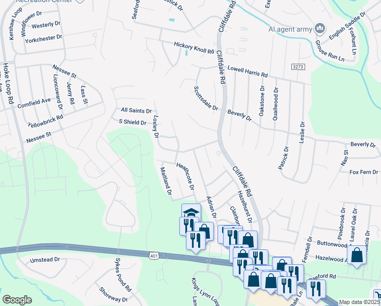 map of restaurants, bars, coffee shops, grocery stores, and more near 7740 Adrian Drive in Fayetteville