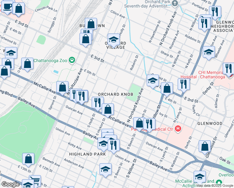 map of restaurants, bars, coffee shops, grocery stores, and more near in Chattanooga