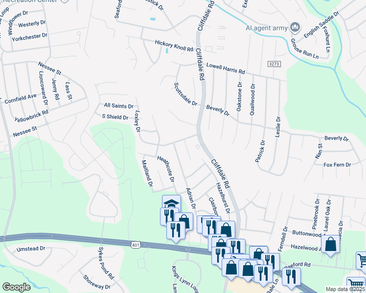 map of restaurants, bars, coffee shops, grocery stores, and more near 1670 Montrose Drive in Fayetteville