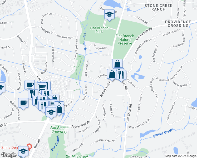 map of restaurants, bars, coffee shops, grocery stores, and more near 12228 Landen Drive in Charlotte