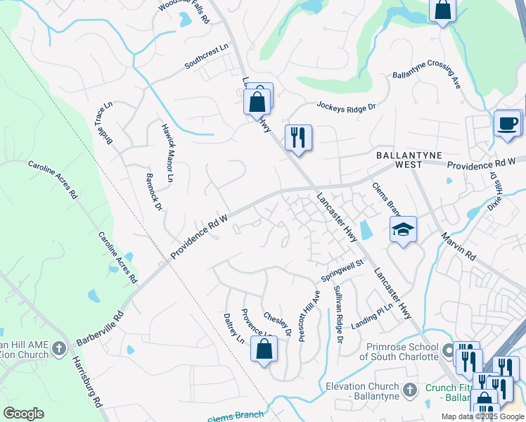 map of restaurants, bars, coffee shops, grocery stores, and more near 12176 Bottlebrush Place in Charlotte