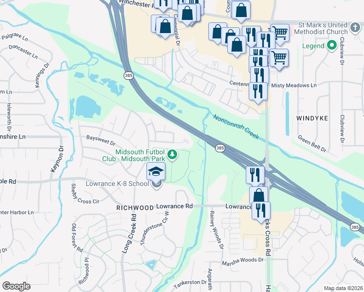 map of restaurants, bars, coffee shops, grocery stores, and more near 7838 Shadowland Cove in Memphis
