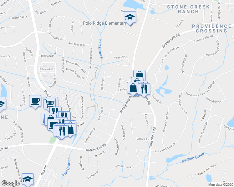 map of restaurants, bars, coffee shops, grocery stores, and more near 12228 Bright Angel Court in Charlotte