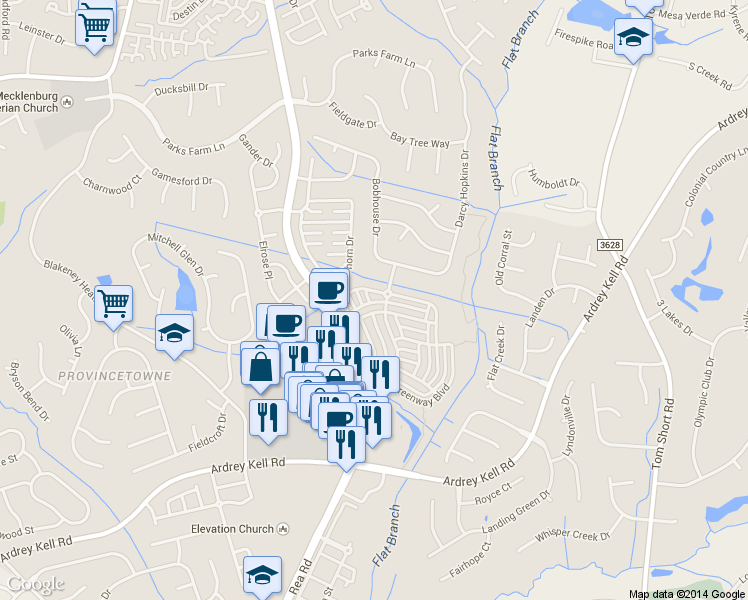 map of restaurants, bars, coffee shops, grocery stores, and more near 10109 Alexander Martin Avenue in Charlotte