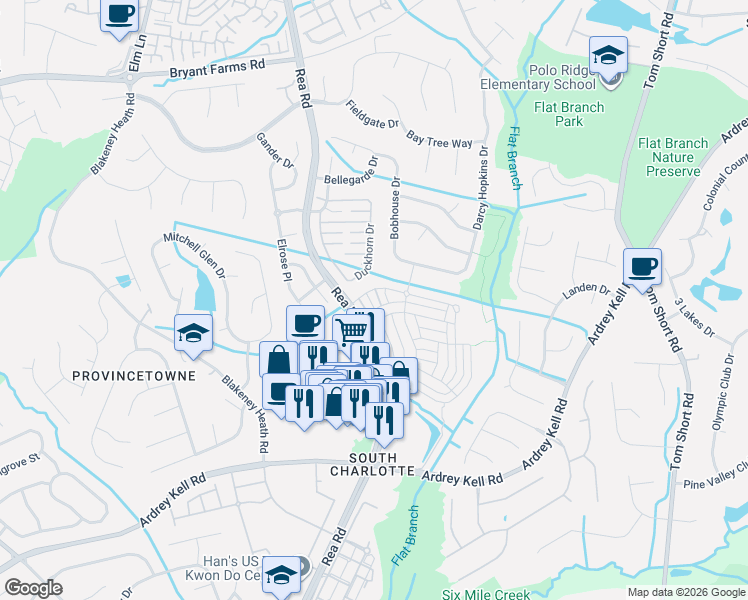 map of restaurants, bars, coffee shops, grocery stores, and more near 10109 Alexander Martin Avenue in Charlotte