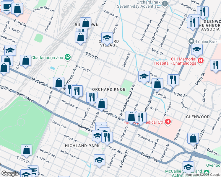 map of restaurants, bars, coffee shops, grocery stores, and more near in Chattanooga