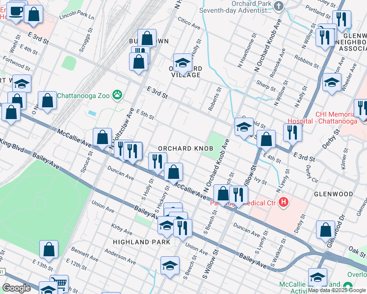 map of restaurants, bars, coffee shops, grocery stores, and more near in Chattanooga