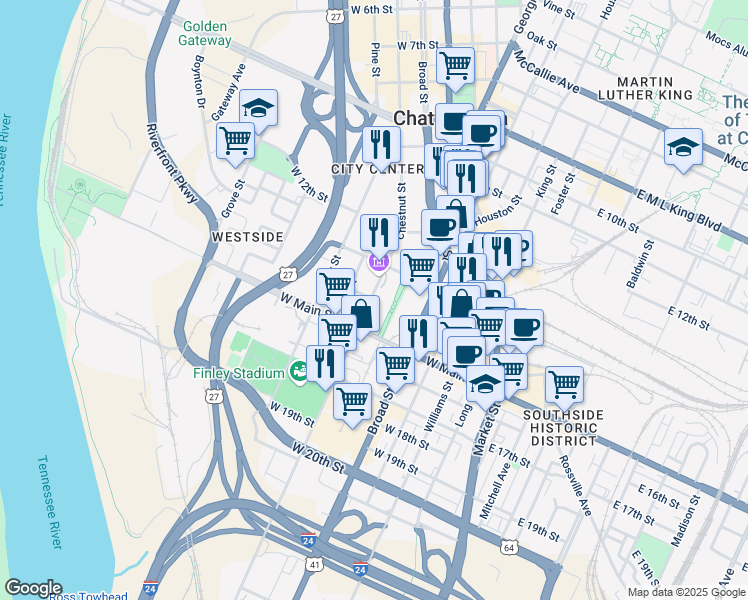 map of restaurants, bars, coffee shops, grocery stores, and more near 1317 Chestnut Street in Chattanooga