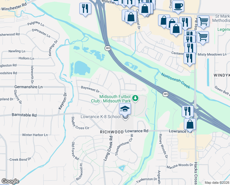 map of restaurants, bars, coffee shops, grocery stores, and more near 3975 Long Creek Road in Memphis