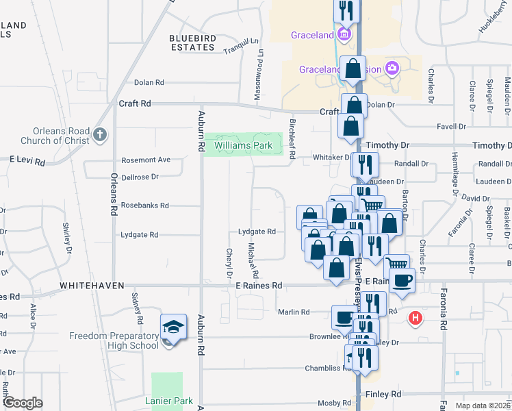 map of restaurants, bars, coffee shops, grocery stores, and more near 3947 East Whitehaven Park Circle in Memphis