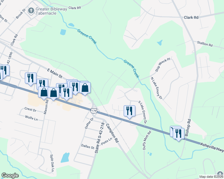 map of restaurants, bars, coffee shops, grocery stores, and more near 172 South Lake Emory Drive in Inman