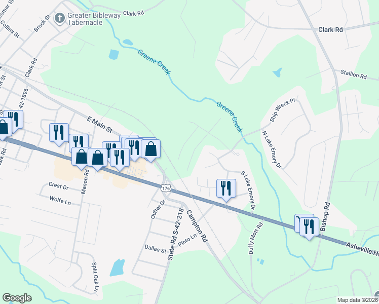 map of restaurants, bars, coffee shops, grocery stores, and more near 172 South Lake Emory Drive in Inman
