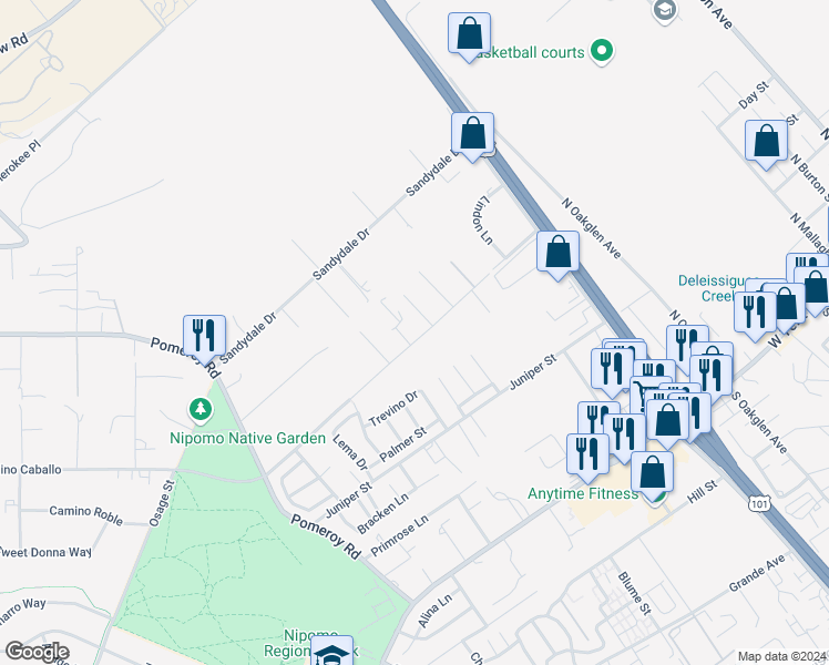 map of restaurants, bars, coffee shops, grocery stores, and more near 640 Camino Caballo in Nipomo