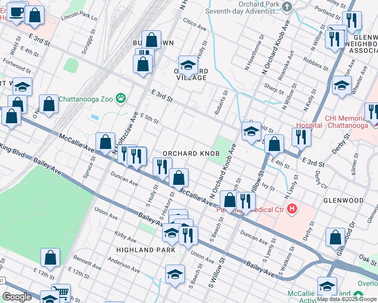 map of restaurants, bars, coffee shops, grocery stores, and more near in Chattanooga