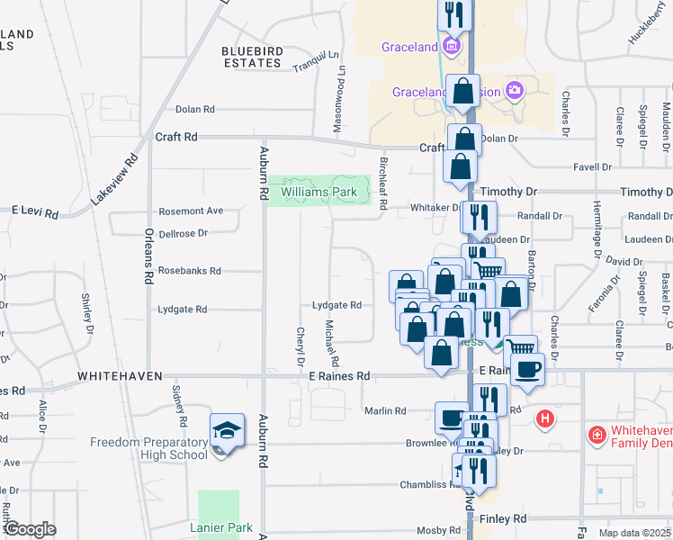 map of restaurants, bars, coffee shops, grocery stores, and more near 3947 East Whitehaven Park Circle in Memphis