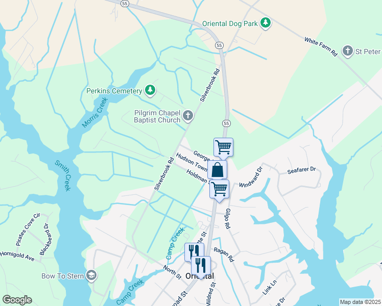 map of restaurants, bars, coffee shops, grocery stores, and more near 707 George Street in Oriental