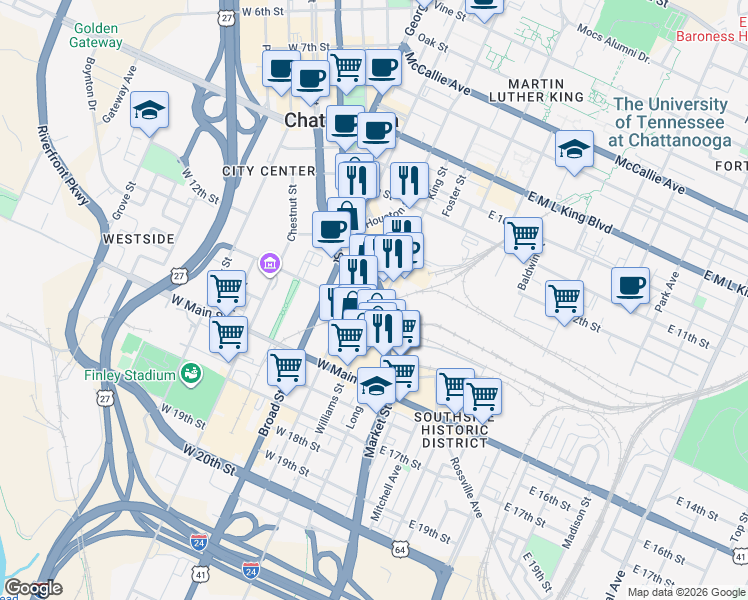 map of restaurants, bars, coffee shops, grocery stores, and more near 1269 Market Street in Chattanooga