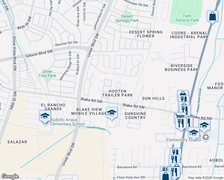 map of restaurants, bars, coffee shops, grocery stores, and more near 4301 Riley Road Southwest in Albuquerque