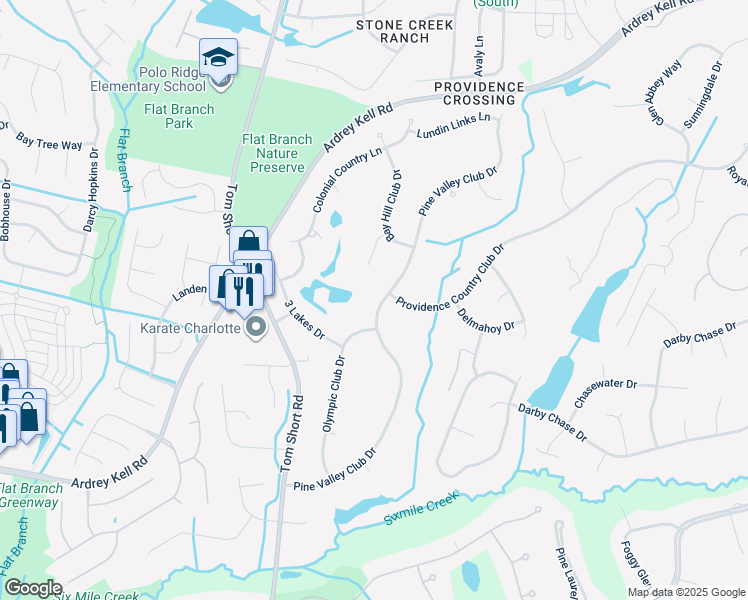 map of restaurants, bars, coffee shops, grocery stores, and more near 11910 Pine Valley Club Drive in Charlotte