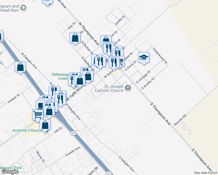 map of restaurants, bars, coffee shops, grocery stores, and more near 204 South Mallagh Street in Nipomo