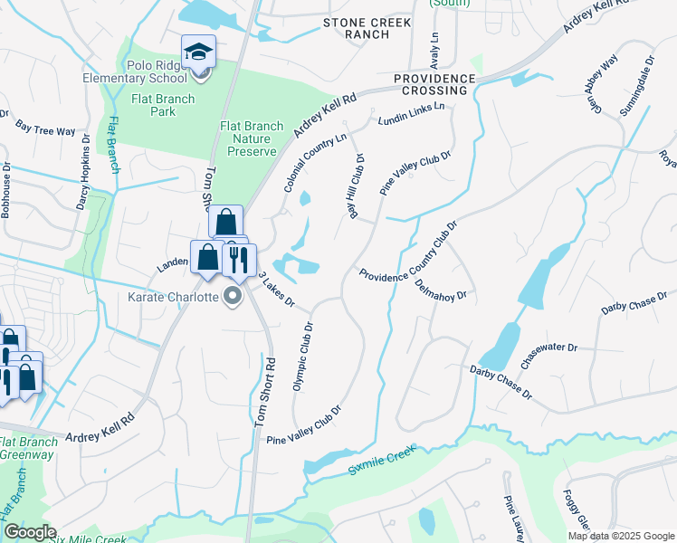 map of restaurants, bars, coffee shops, grocery stores, and more near 11910 Pine Valley Club Drive in Charlotte