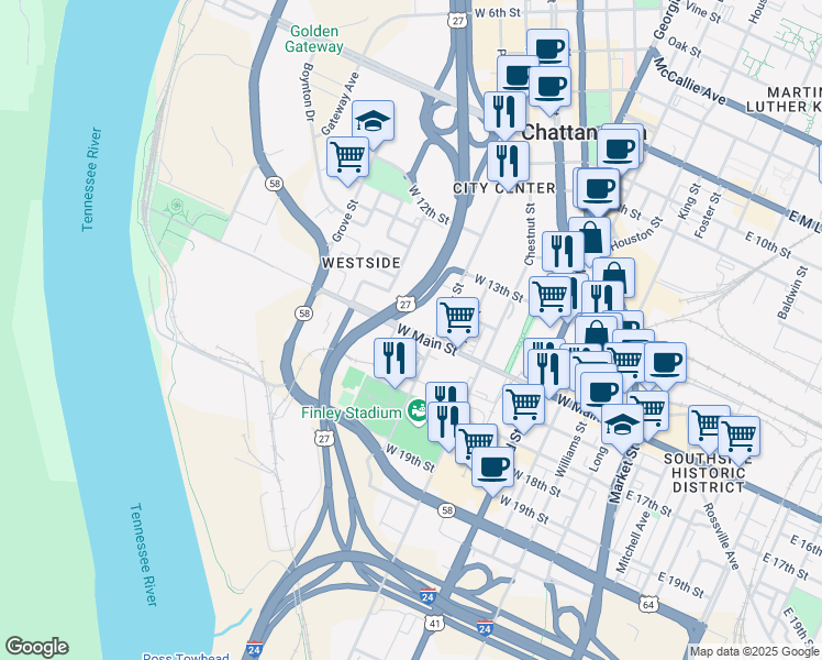 map of restaurants, bars, coffee shops, grocery stores, and more near 201 West Main Street in Chattanooga