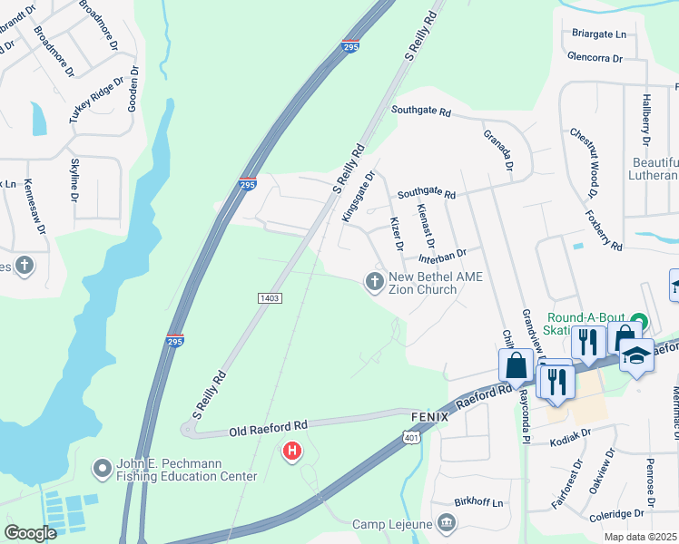 map of restaurants, bars, coffee shops, grocery stores, and more near 7038 Amarillo Drive in Fayetteville
