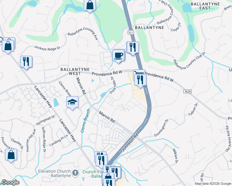 map of restaurants, bars, coffee shops, grocery stores, and more near 11203 Club Creek Lane in Charlotte