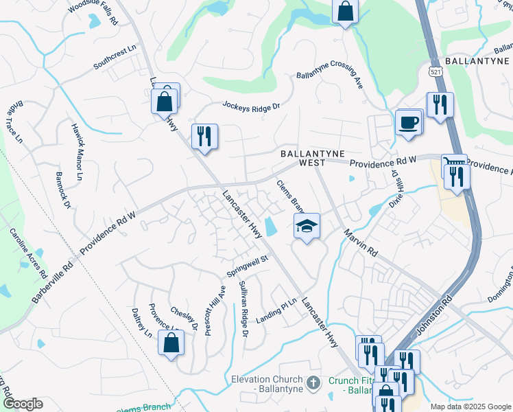 map of restaurants, bars, coffee shops, grocery stores, and more near 15019 Northsprings Drive in Charlotte