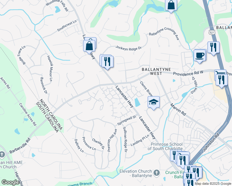 map of restaurants, bars, coffee shops, grocery stores, and more near 15429 Barossa Valley Street in Charlotte