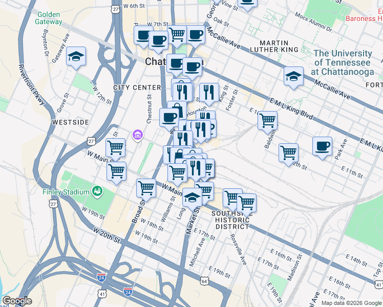 map of restaurants, bars, coffee shops, grocery stores, and more near 1269 Market Street in Chattanooga