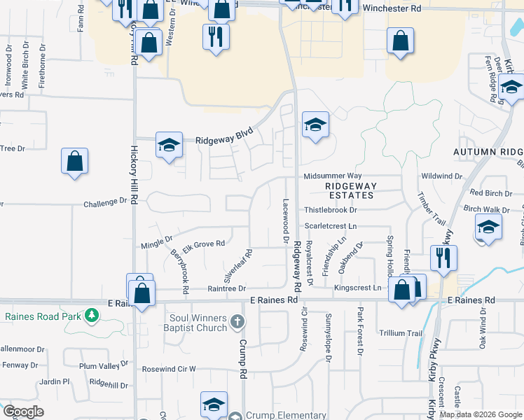 map of restaurants, bars, coffee shops, grocery stores, and more near 3992 Silverleaf Road in Memphis
