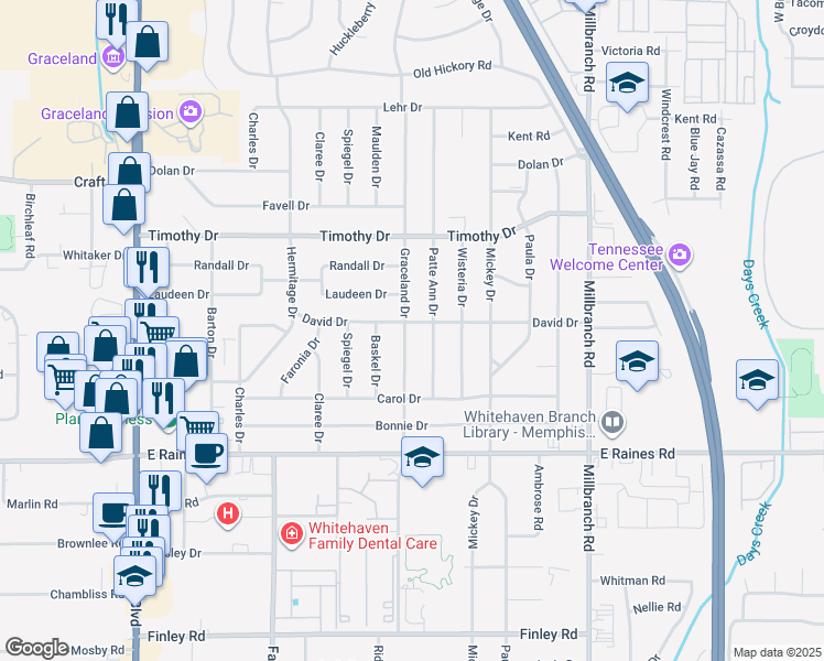 map of restaurants, bars, coffee shops, grocery stores, and more near 1466 David Drive in Memphis