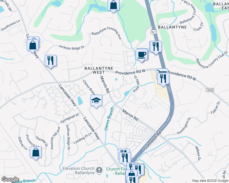 map of restaurants, bars, coffee shops, grocery stores, and more near 14160 Castle Abbey Lane in Charlotte