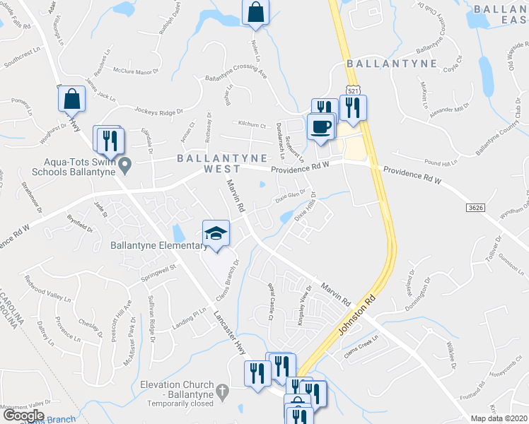 map of restaurants, bars, coffee shops, grocery stores, and more near 14006 Castle Abbey Lane in Charlotte