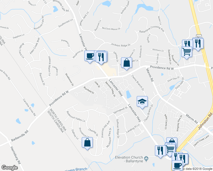 map of restaurants, bars, coffee shops, grocery stores, and more near 11410 Felizzano Place in Charlotte