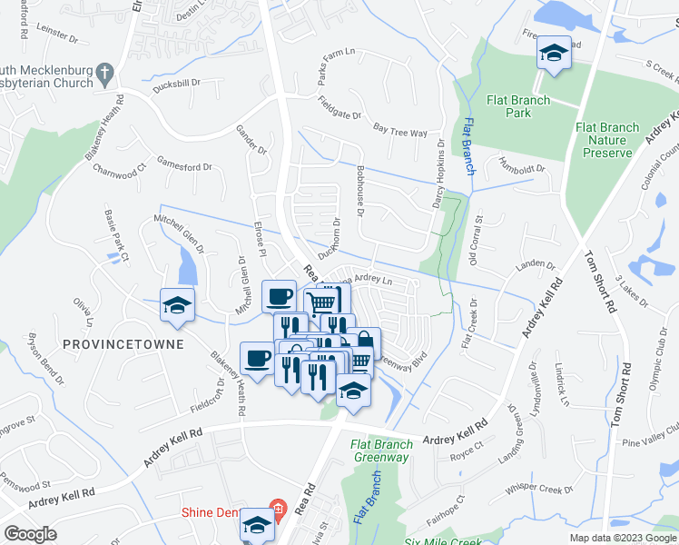 map of restaurants, bars, coffee shops, grocery stores, and more near 12508 Eudora Lane in Charlotte