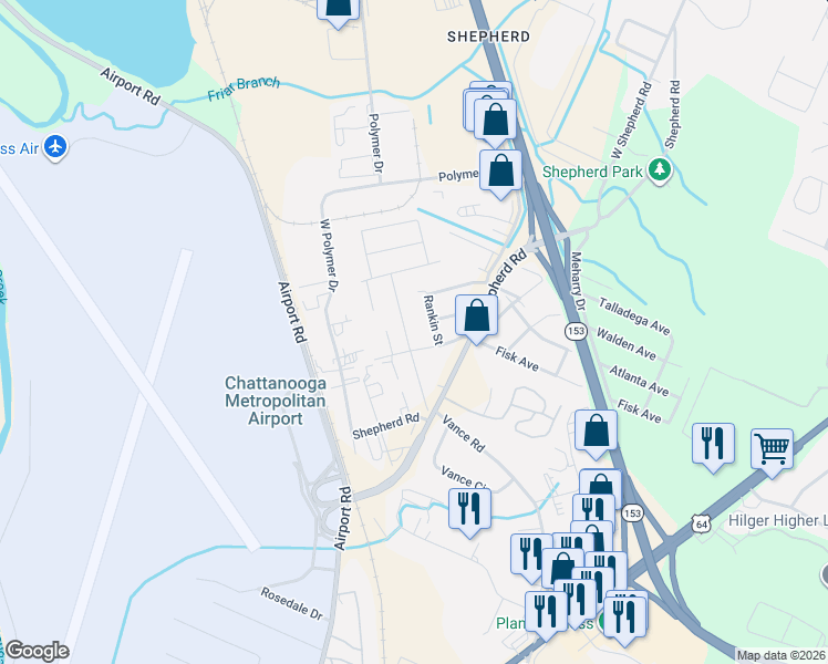 map of restaurants, bars, coffee shops, grocery stores, and more near 1809 Rankin Street in Chattanooga