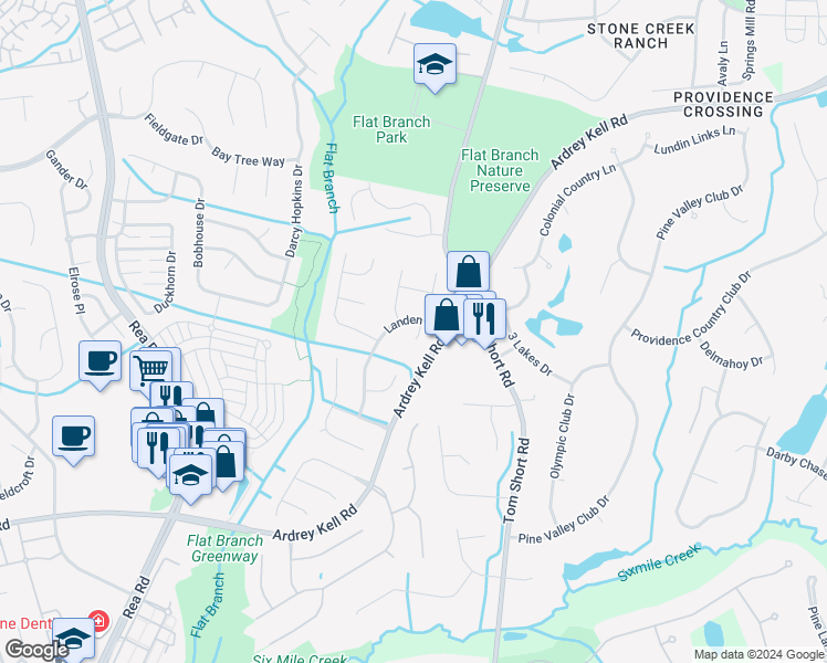 map of restaurants, bars, coffee shops, grocery stores, and more near 6408 Old South Court in Charlotte