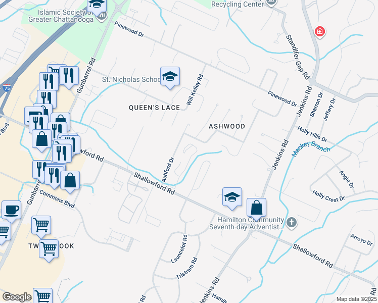 map of restaurants, bars, coffee shops, grocery stores, and more near 7683 Shallowford Road in Chattanooga
