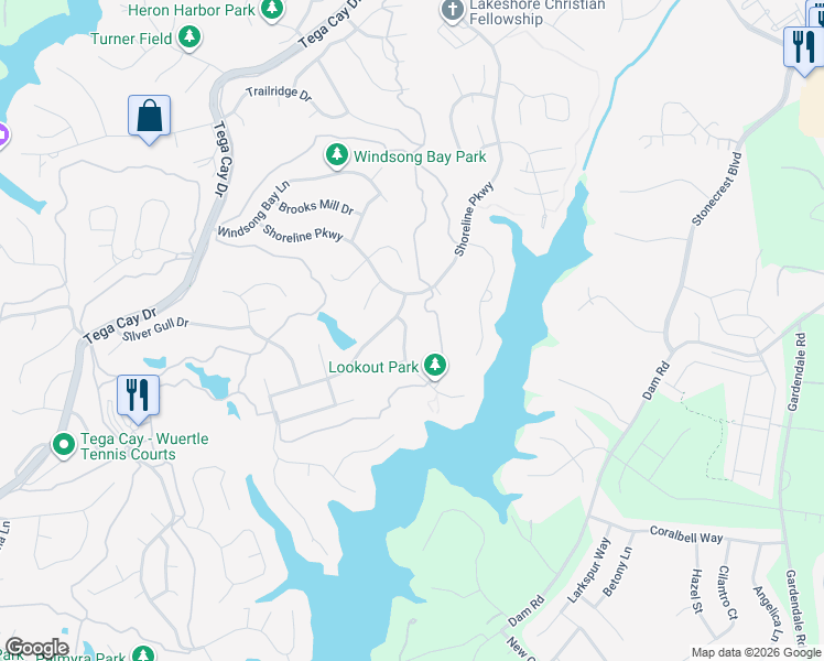 map of restaurants, bars, coffee shops, grocery stores, and more near 1921 Newberry Lane in Tega Cay