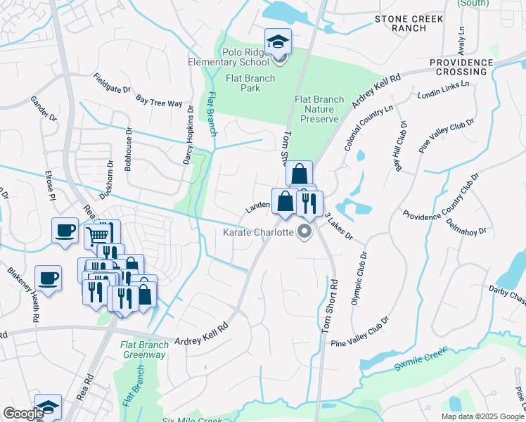 map of restaurants, bars, coffee shops, grocery stores, and more near 6408 Old South Court in Charlotte