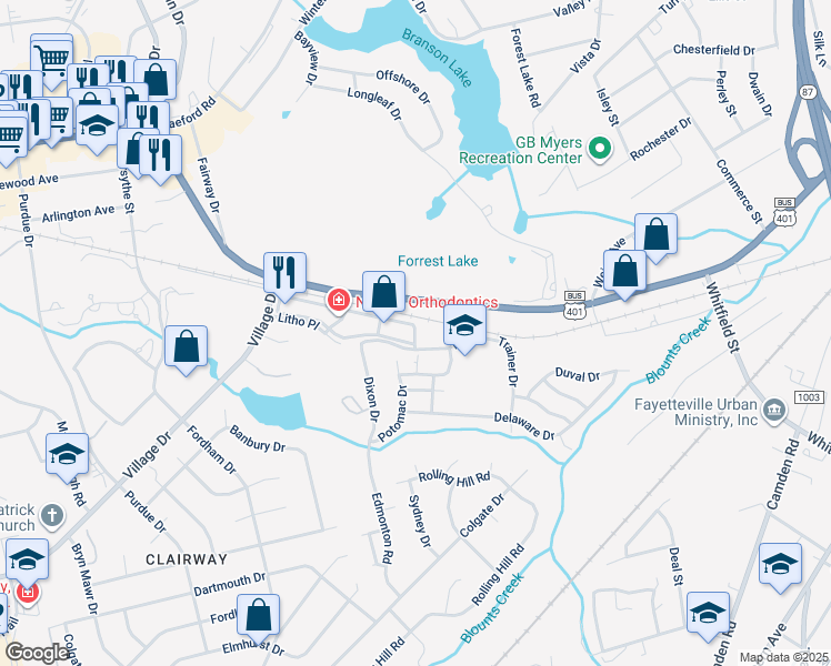 map of restaurants, bars, coffee shops, grocery stores, and more near 2032 Valleygate Drive in Fayetteville