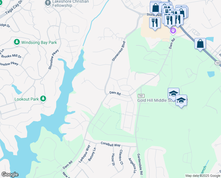 map of restaurants, bars, coffee shops, grocery stores, and more near 1967 Dam Road in Fort Mill