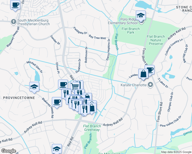 map of restaurants, bars, coffee shops, grocery stores, and more near 10259 Alexander Martin Avenue in Charlotte