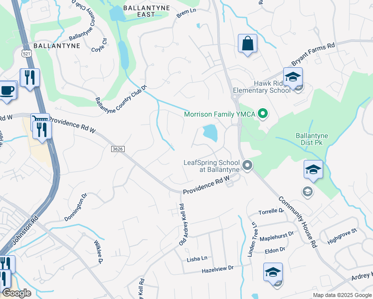map of restaurants, bars, coffee shops, grocery stores, and more near 10142 Victoria Mill Court in Charlotte