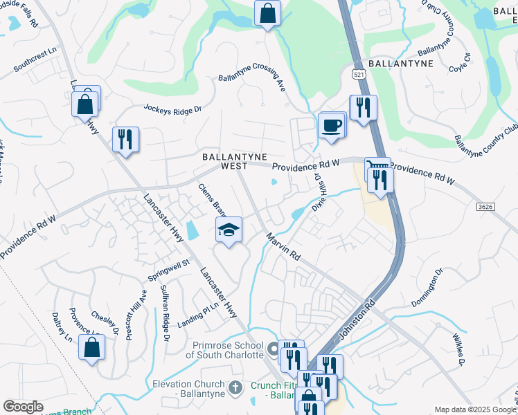 map of restaurants, bars, coffee shops, grocery stores, and more near 15436 Coventry Court Lane in Charlotte